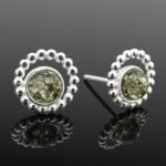 Green Baltic amber butterfly-back stud earrings in hand-beaded sterling silver.