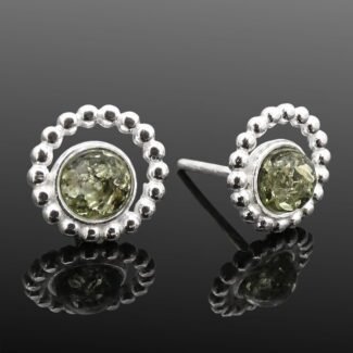 Green Baltic amber butterfly-back stud earrings in hand-beaded sterling silver.