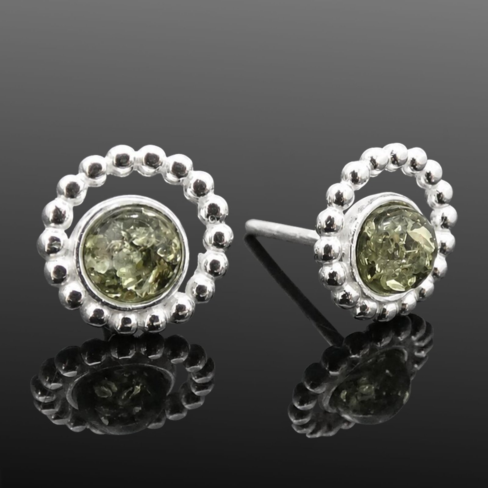 Green Baltic amber butterfly-back stud earrings in hand-beaded sterling silver.