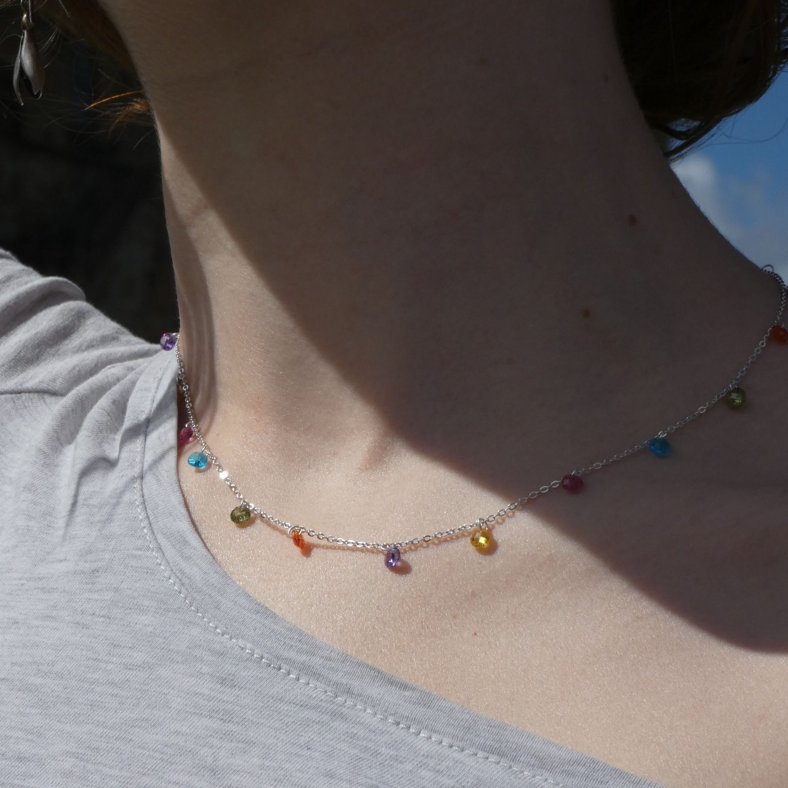 colourful charm necklace handmade jewellery durham uk moon jewellery Colourful charm crystals on sterling silver 925 chain close up