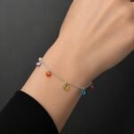 Colourful charm crystals on sterling silver 925 bracelet close up