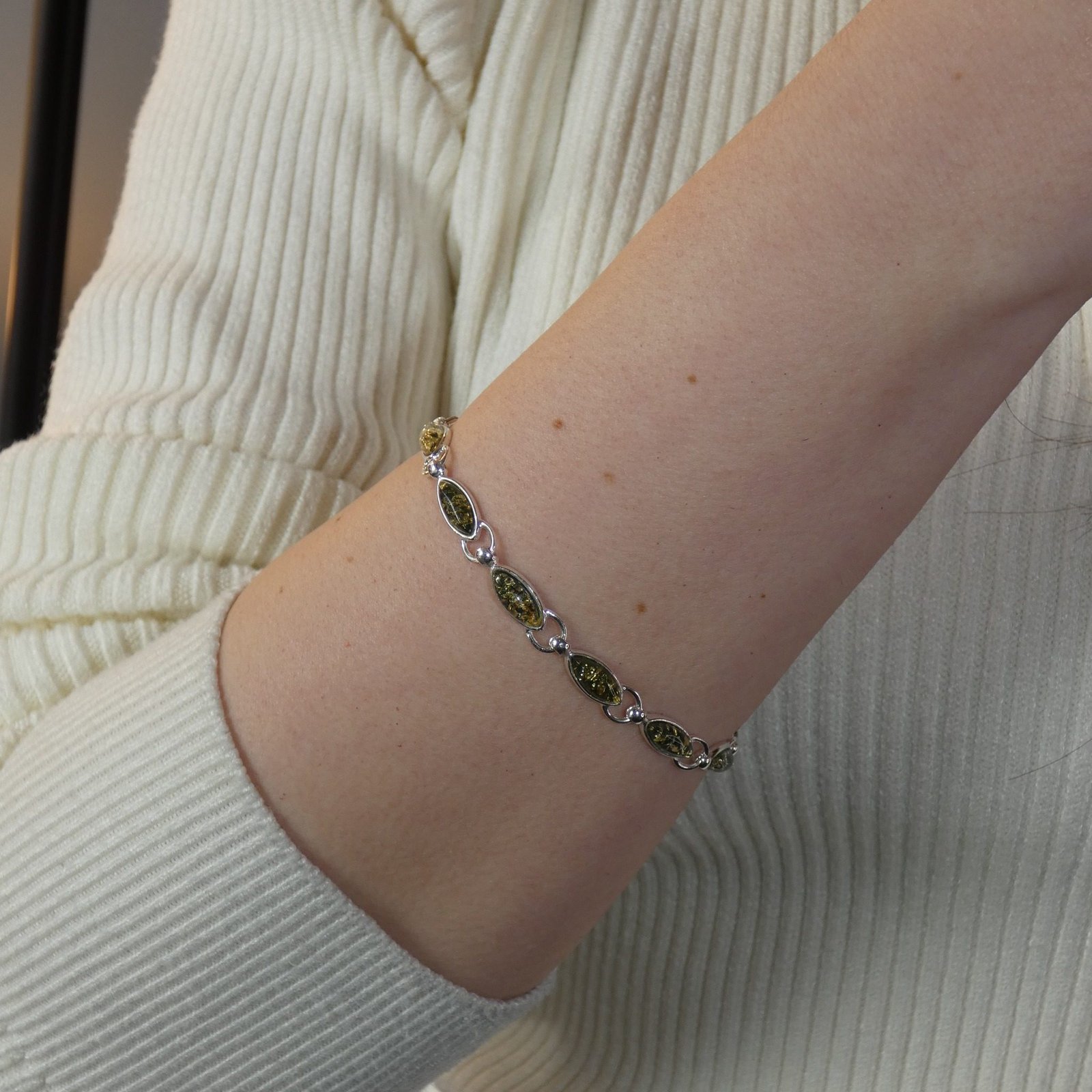 green amber link bracelet handmade jewellery durham uk moon jewellery Green amber sterling silver link bracelet in gift box