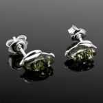 Green amber stud earrings with sterling silver leaf detail mirrored finish
