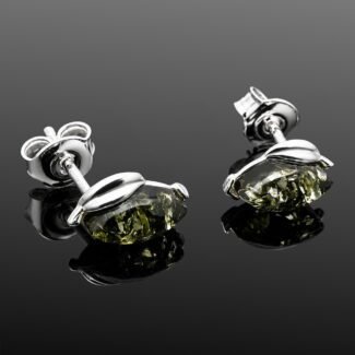 Green amber stud earrings with sterling silver leaf detail mirrored finish