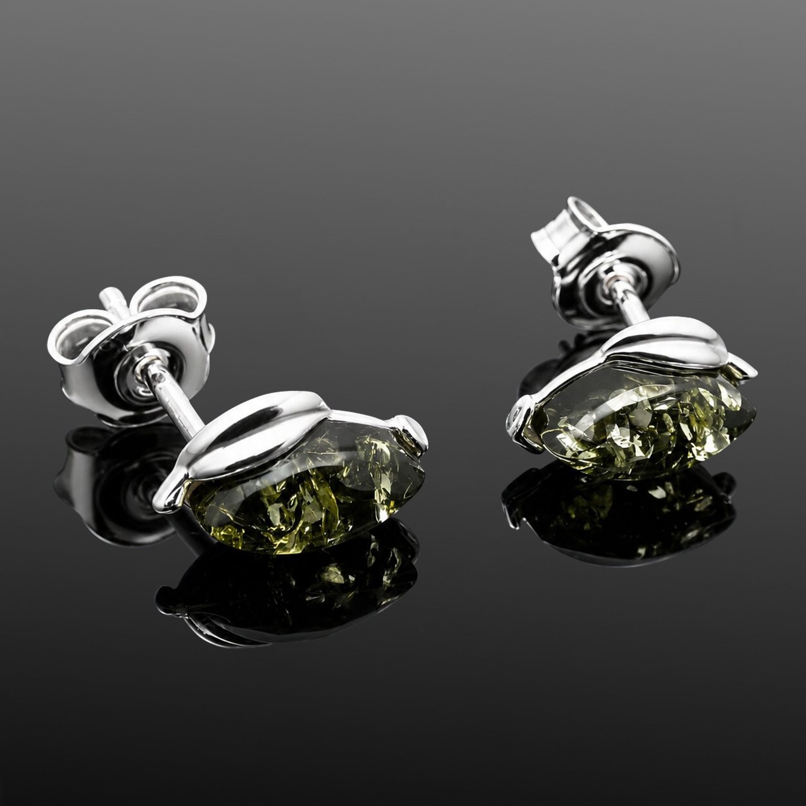 Green amber stud earrings with sterling silver leaf detail mirrored finish