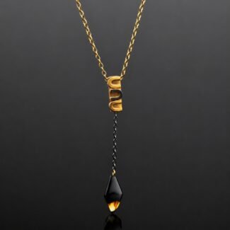 tie amber necklace with Irregularly cut honey amber stone with matte and polished finish