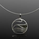 Green amber necklace with wave silhouette sterling silver setting
