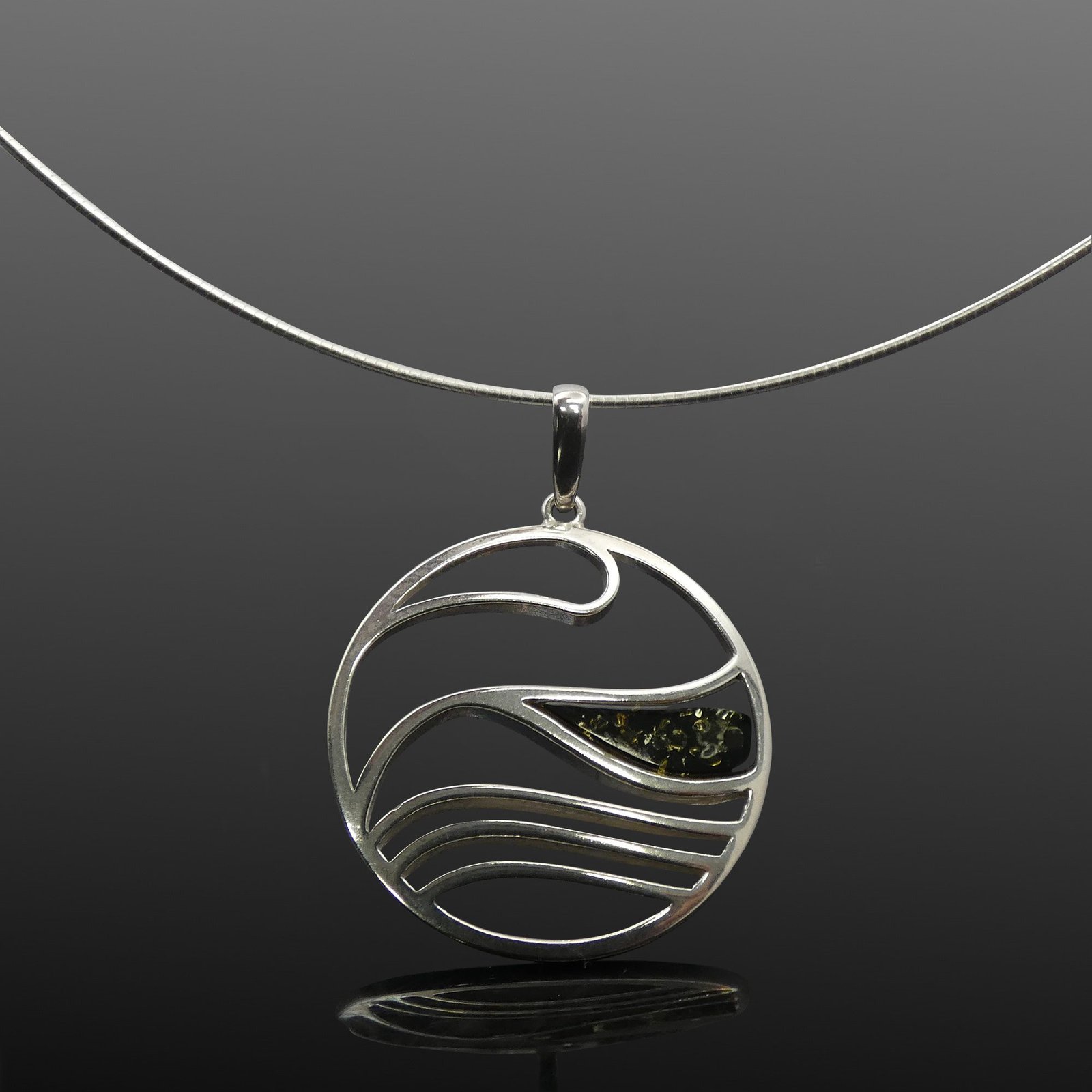 silver_green_wave_pendant_necklac handmade jewellery durham uk moon jewellery Green amber necklace with wave silhouette sterling silver setting