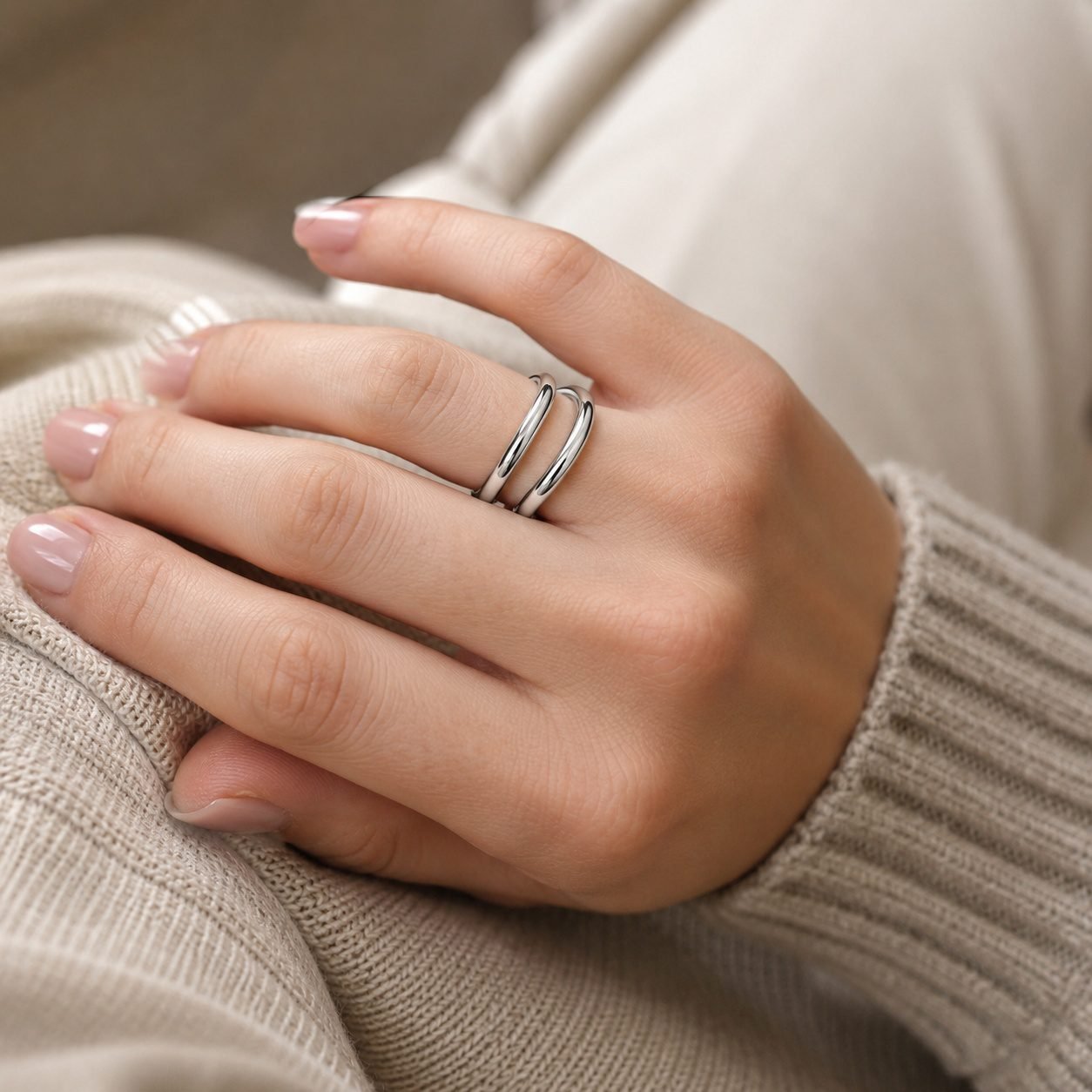 adjustable chunky silver ring handmade jewellery durham uk moon jewellery Adjustable silver double band ring worn on finger everyday Scandinavian style