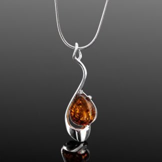 Cognac amber pendant necklace fluid silver frame mirrored finish Gdansk designer