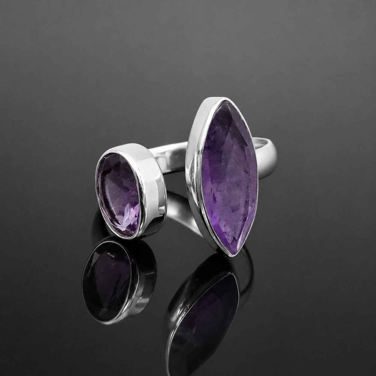 Amethyst ring floating marquise oval Brazilian amethyst adjustable sterling silver handmade
