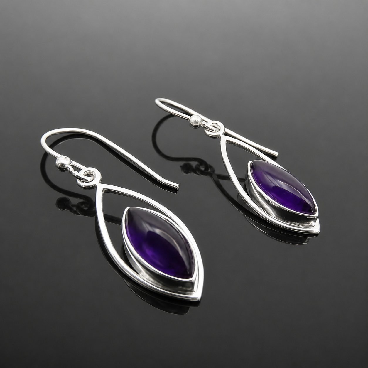 Marquise cut purple amethyst purple in sterling silver drop earring setting