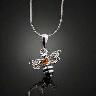 Amber pendant necklace bumble bee design mirrored sterling silver Polish artist