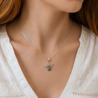 Baltic amber bumble bee pendant necklace worn on neckline nature inspired