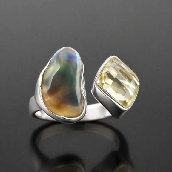 Black opal ring rough opal citrine one of a kind mirrored sterling silver contemporary