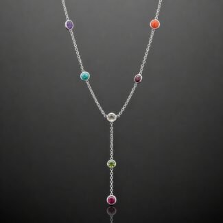 Multi gemstone necklace seven stones amethyst turquoise ruby garnet peridot citrine coral sterling silver