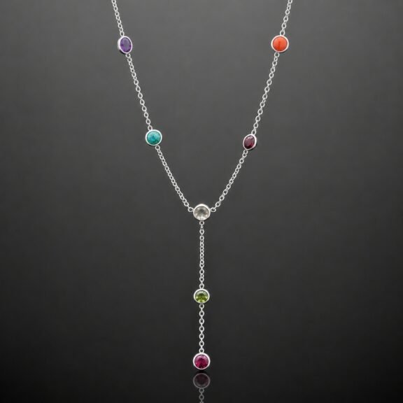 Multi gemstone necklace seven stones amethyst turquoise ruby garnet peridot citrine coral sterling silver