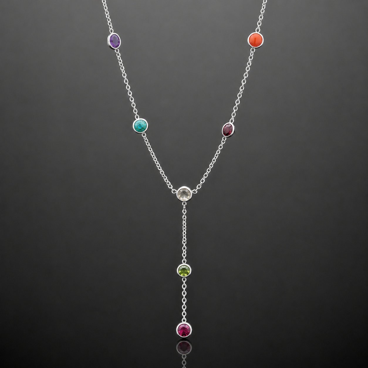 colourful gemstone necklace handmade jewellery durham uk moon jewellery Multi gemstone necklace seven stones amethyst turquoise ruby garnet peridot citrine coral sterling silver