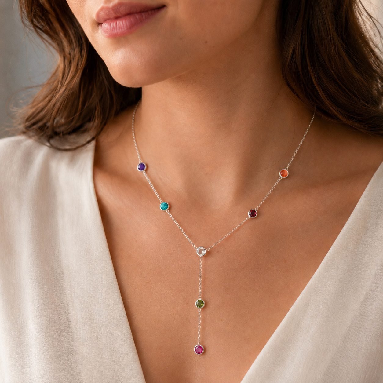 colourful_gemstone_necklace_handmade_jewellery_durham_uk_moon_jewellery Handmade multi gemstone necklace worn over plain white t-shirt colourful sterling silver