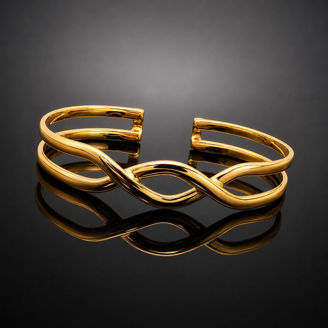 gold_infinity_cuff_bracelet_moon_jewellery_uk Infinity design in fluid 14ct gold plated sterling silver 925 cuff bracelet close up