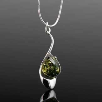 Green amber pendant necklace fluid silver frame mirrored finish Gdansk designer