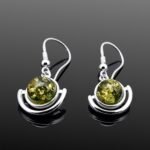 Green amber drop earrings polished sterling silver crescent design Polish artist handmade