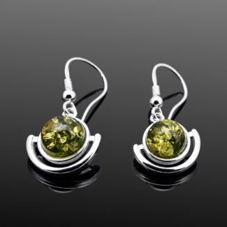 Green amber drop earrings polished sterling silver crescent design Polish artist handmade