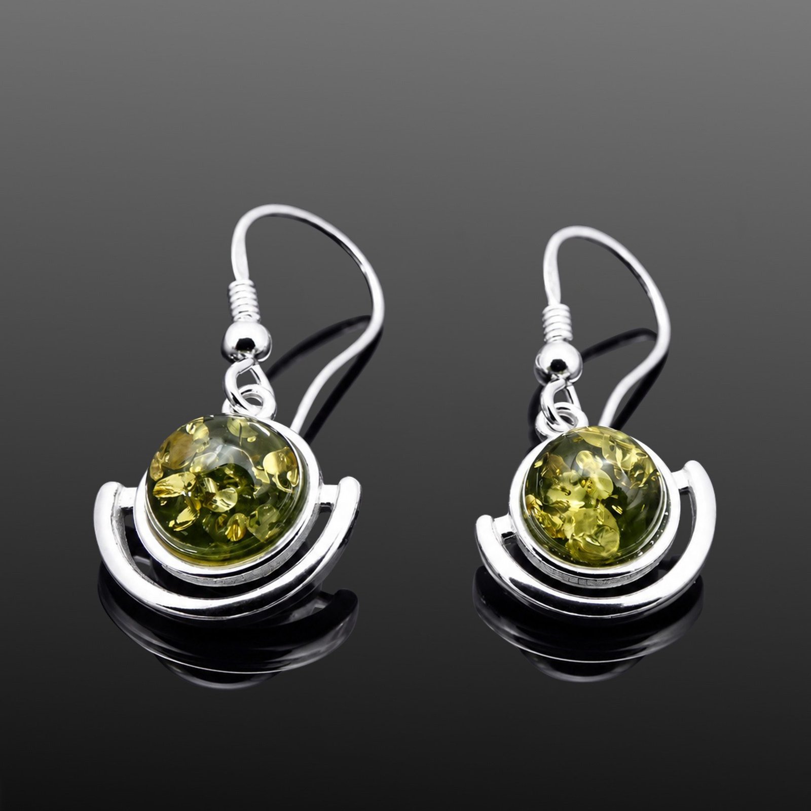 Green amber drop earrings polished sterling silver crescent design Polish artist handmade