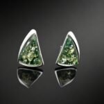 Green amber stud earrings irregular triangle mirrored silver frame Gdansk designer