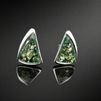 Green amber stud earrings irregular triangle mirrored silver frame Gdansk designer