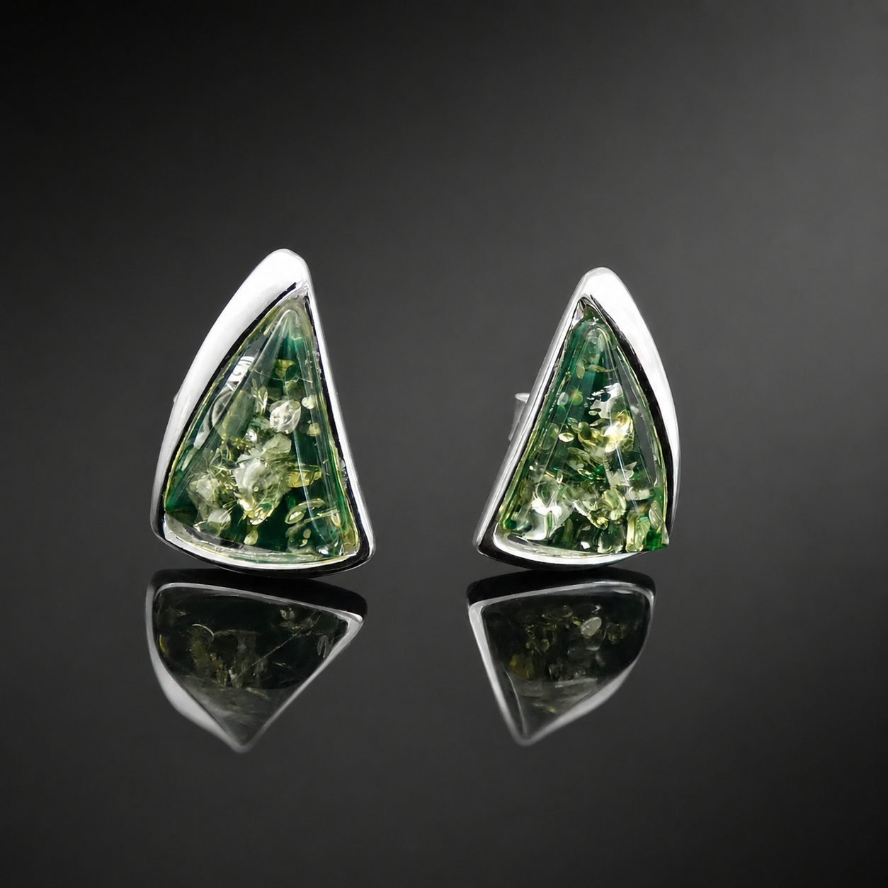 Green amber stud earrings irregular triangle mirrored silver frame Gdansk designer