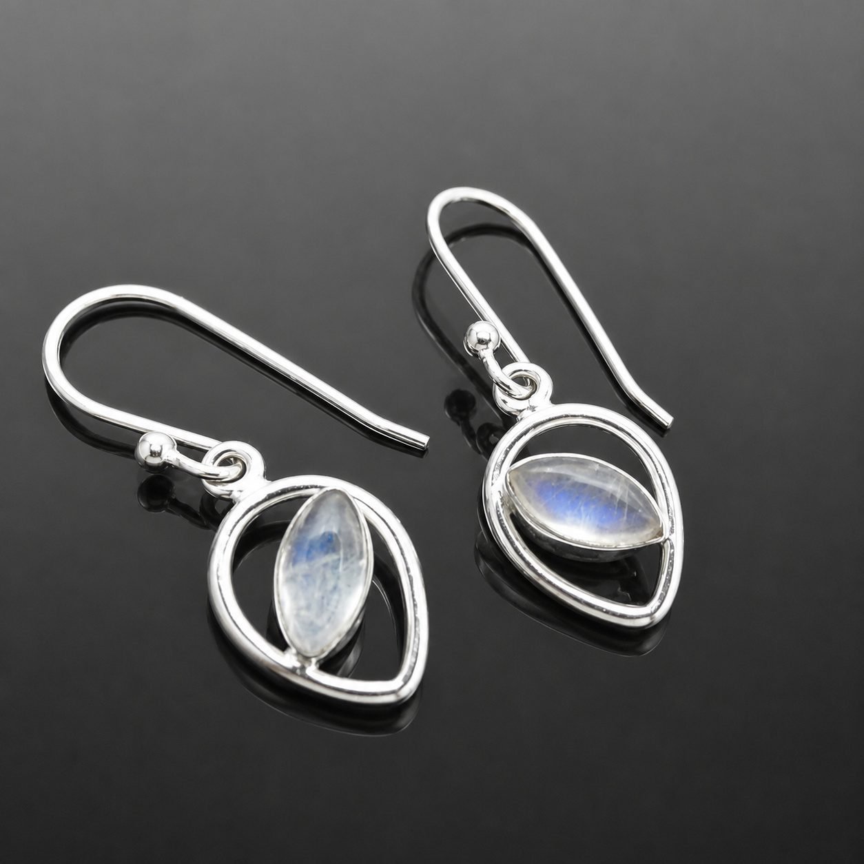 moonstone_drop_earrings_moon_jewellery_uk_handmade_jewellery Moonstone drop earrings cut out mirrored silver frame marquise handmade 30mm