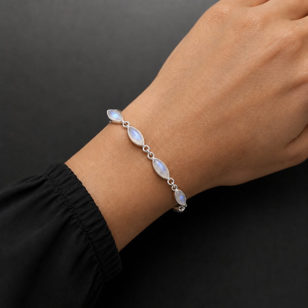 moonstone_marquise_bracelet_handmade_jewellery_durham_uk_moon_jewellery Handmade moonstone bracelet worn on wrist blue shimmer sterling silver 925