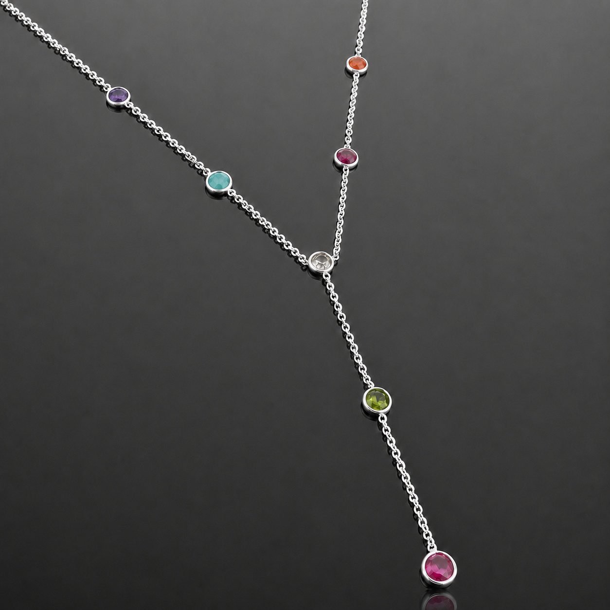 multi gemstone silver drop necklace handmade jewellery durham uk moon jewellery Seven natural gemstones amethyst turquoise citrine bamboo coral garnet peridot ruby in sterling silver setting