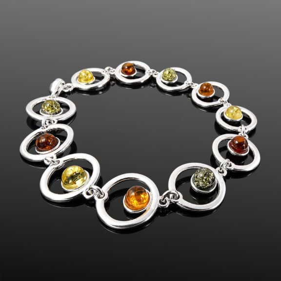 Multicoloured amber bracelet citrine green cognac sterling silver circle design