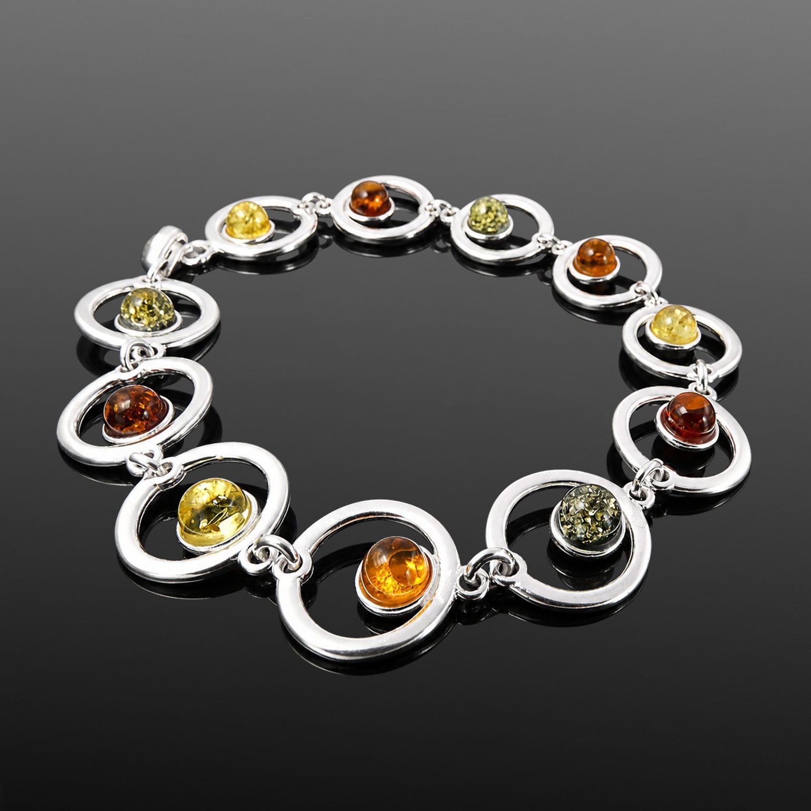 Multicoloured amber bracelet citrine green cognac sterling silver circle design