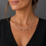 Multicoloured amber collar necklace worn close to neck on neckline