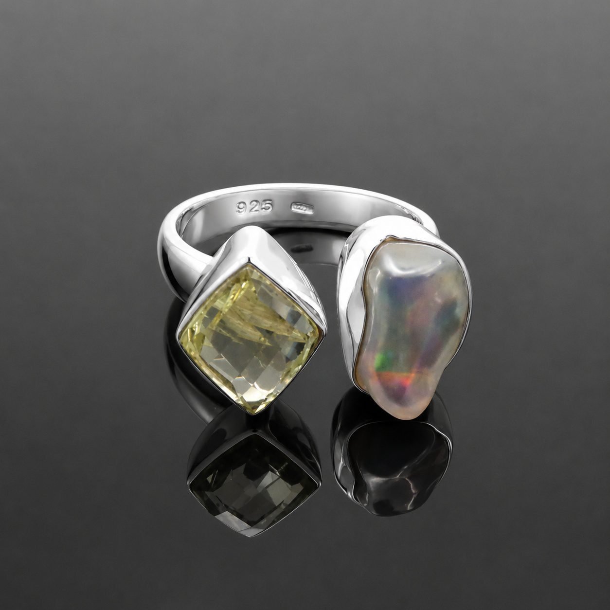 opal and citrine silver ring adjustable handmade jewellery durham uk moon jewellery Rough black opal play of fire green blue pink orange red with faceted citrine sterling silver