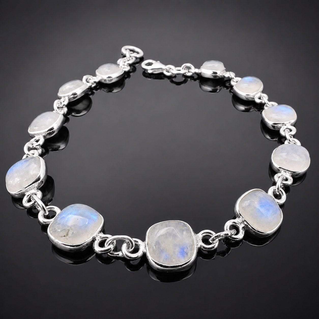 polished_moonstone_bracelet_moon_jewellery_uk Square moonstone bracelet Sri Lankan sterling silver link handmade unusual cut