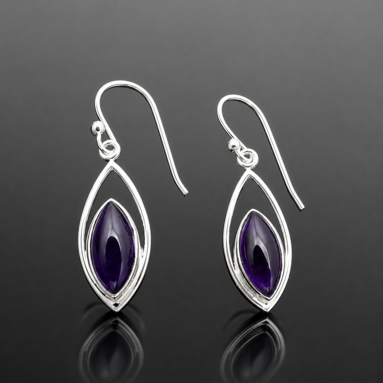 Amethyst drop earrings marquise cut sterling silver 925 deep violet handmade