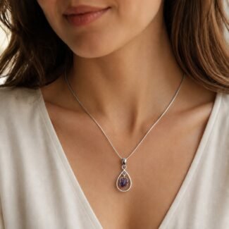 One of a kind rough amethyst necklace worn on neckline 45cm mirrored silver chain