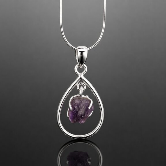 Rough amethyst necklace claw set movable silver frame mirrored finish one of a kind