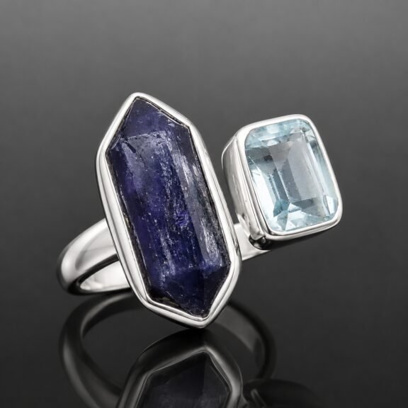 Sapphire and topaz ring open band mirrored sterling silver handmade contemporary design