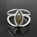 Green amber ring mirrored sterling silver modern design Gdansk Polish designer