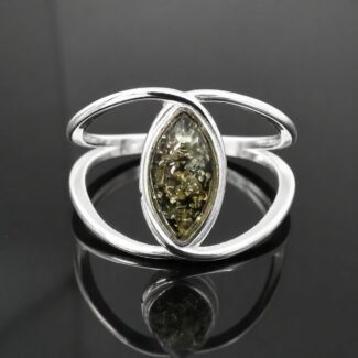 Green amber ring mirrored sterling silver modern design Gdansk Polish designer