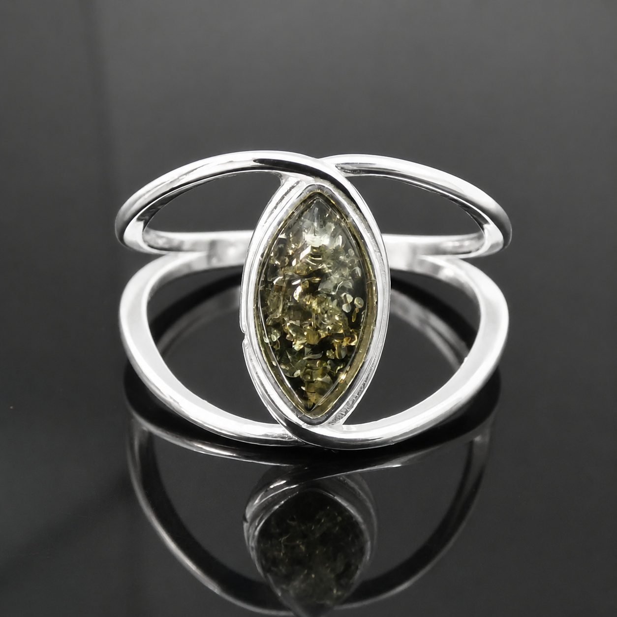 Green amber ring mirrored sterling silver modern design Gdansk Polish designer