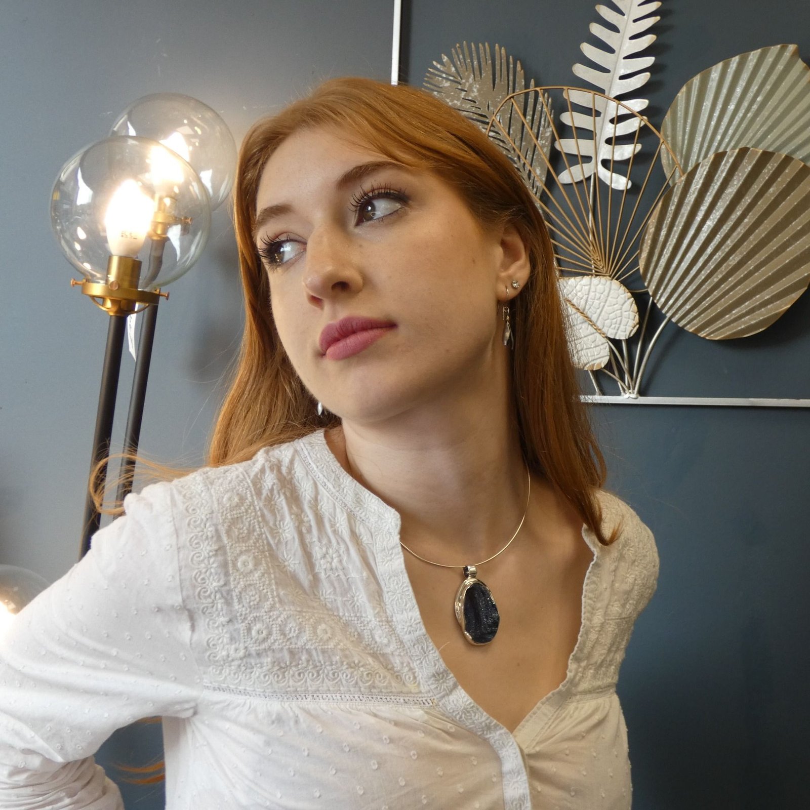 Handcrafted chalcedony necklace worn on neckline 42cm sterling silver chain