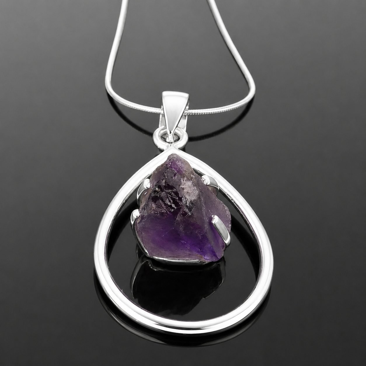 Raw uncut purple amethyst in sterling silver claw setting movable frame 55mm pendant