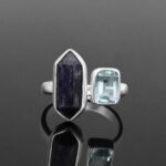 Sri Lankan sapphire and Brazilian blue topaz faceted stones in sterling silver open band ring