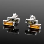 Two tone amber stud earrings green cognac mirrored sterling silver Gdansk designer